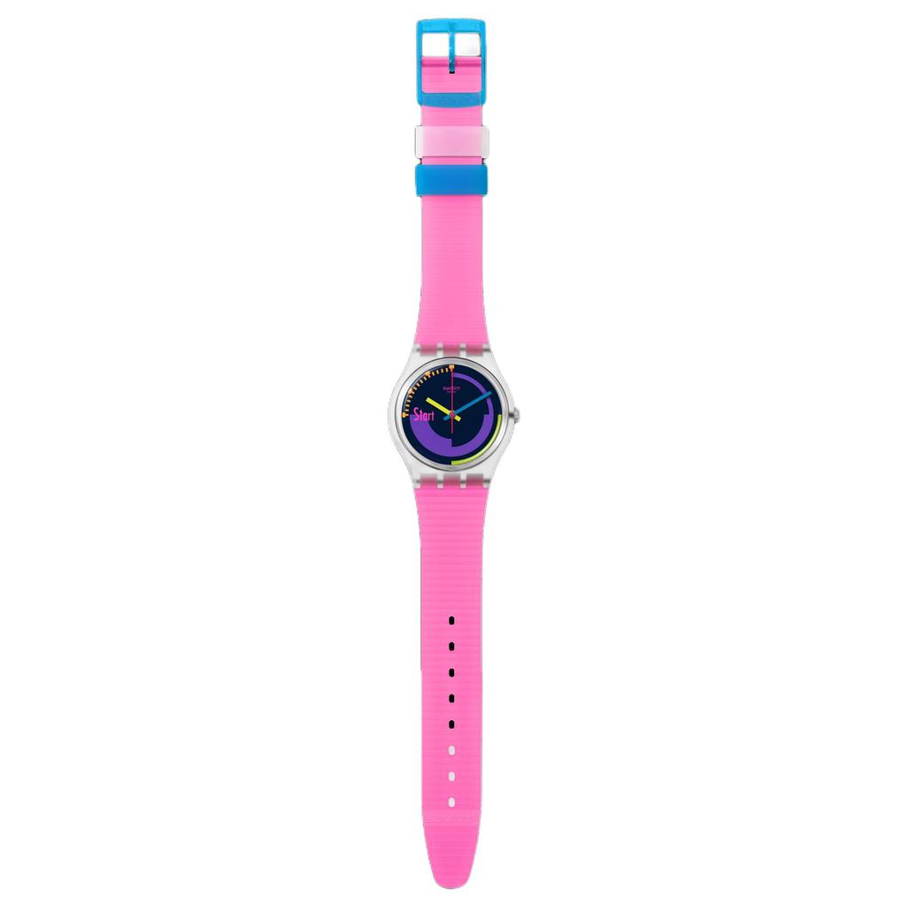 SWATCH Neon Series Quartz Movement 30 Meters Waterproof Unisex Swiss Watch 34mm Purple Dial Biosource Material Case Silicone Strap SO28K111