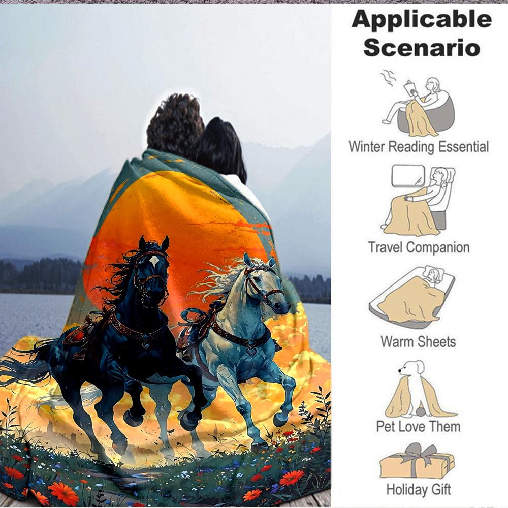 1pc Horse Sunset Blanket, Lightweight Flannel Throw Blanket for Sofa, Bed, Travel, Camping, Living Room, Office, Couch, Chair, and Bed