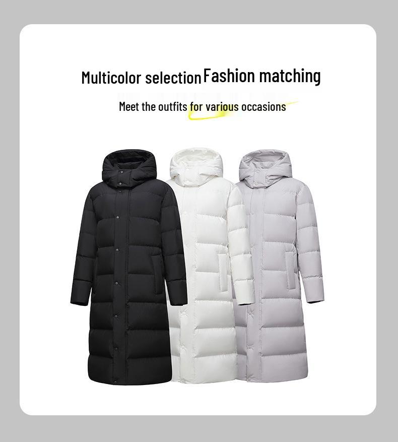 2025 Trendige Lange Herren-Winterdaunenjacke - Weiße Entendaune, Lässiger Hongkong-Stil, Einfarbig, Warme Oberbekleidung