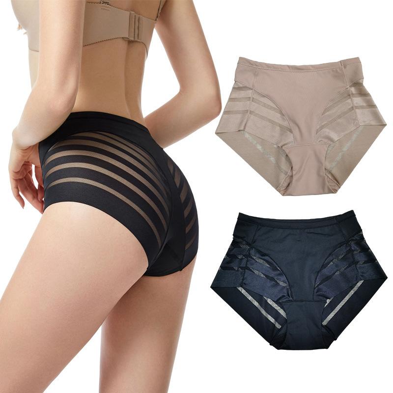 Nahtlose Hohlstreifen-Kontroll-Slips für Damen mit hoher Taille, Eisseide, Po-Lifter-Höschen, Plus-Size-Shapewear