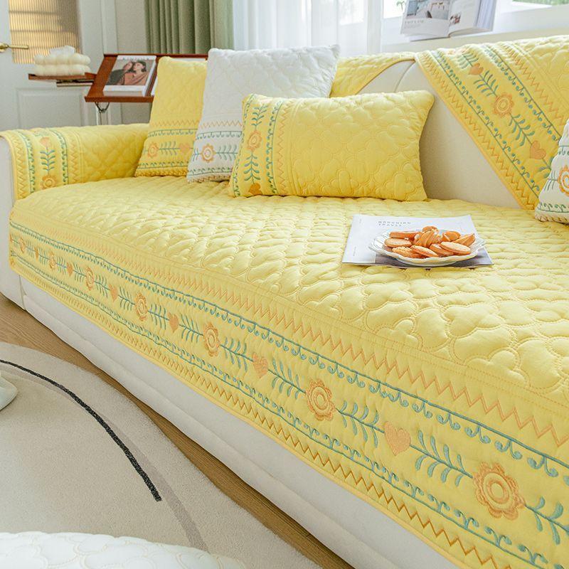 Broderi Sofatrekk 100% Bomull Stuesofa Pute Sklisikker Ensfarget Stoff Universalt Putetrekk Sofatrekk