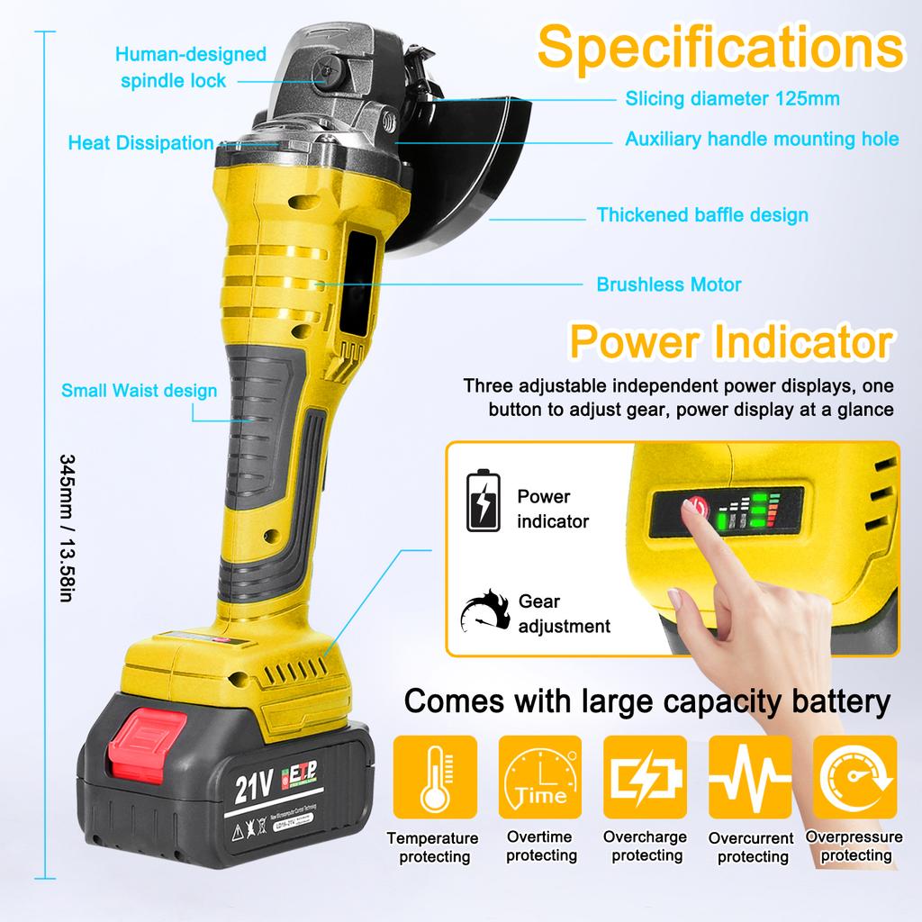 21V 125mm M14 Angle Grinder Brushless Motor Electric Grinding Tool Multifunctional Lithium Cutting Machine Utility