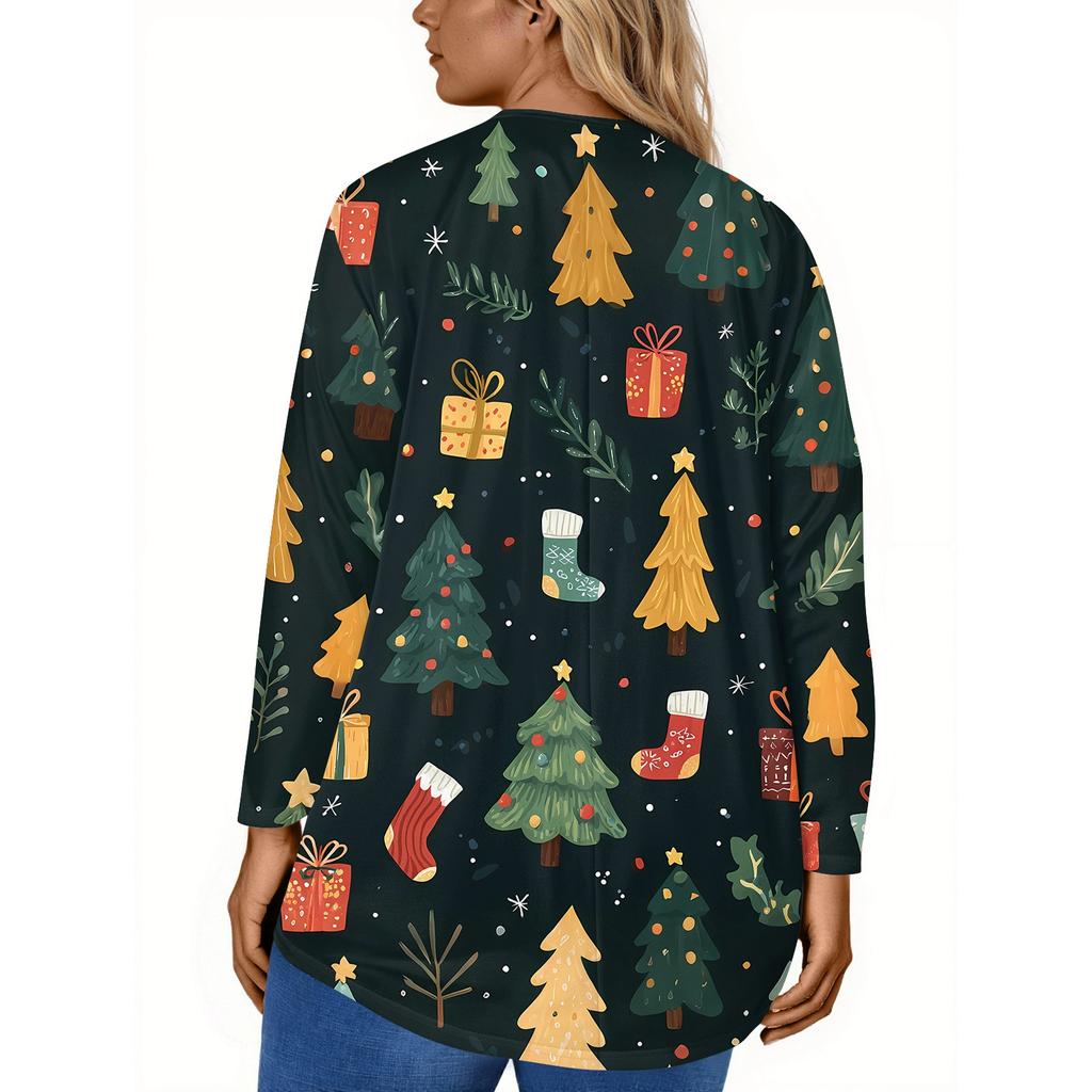 Women's Fashion Large Size Round Neck Long Sleeve Casual Christmas Print Loose Pullover Top