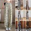 Women Summer Casual Pants Elastic Waist Adjustable Tie Straight Wide Leg Long Trousers Camouflage Striped Print Lounge Pants Streetwear