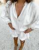 Stylish Cotton Linen V-Neck Lantern Sleeve Shorts Two-Piece Set