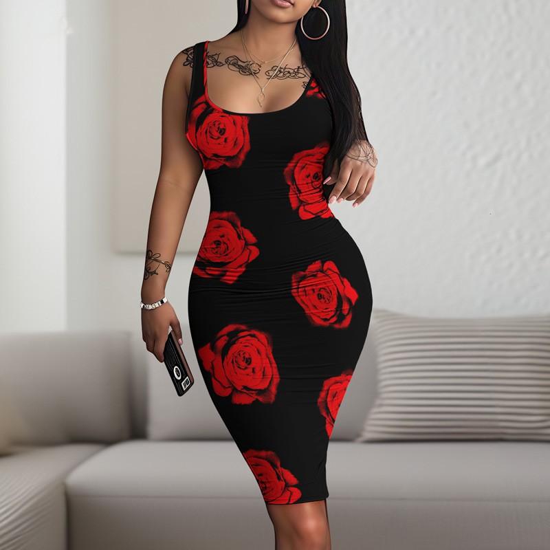 Floral 3D Print Bodycon Midi Dress Office Wear Stretchy Fit U-Neck Sleeveless 2025 Collection