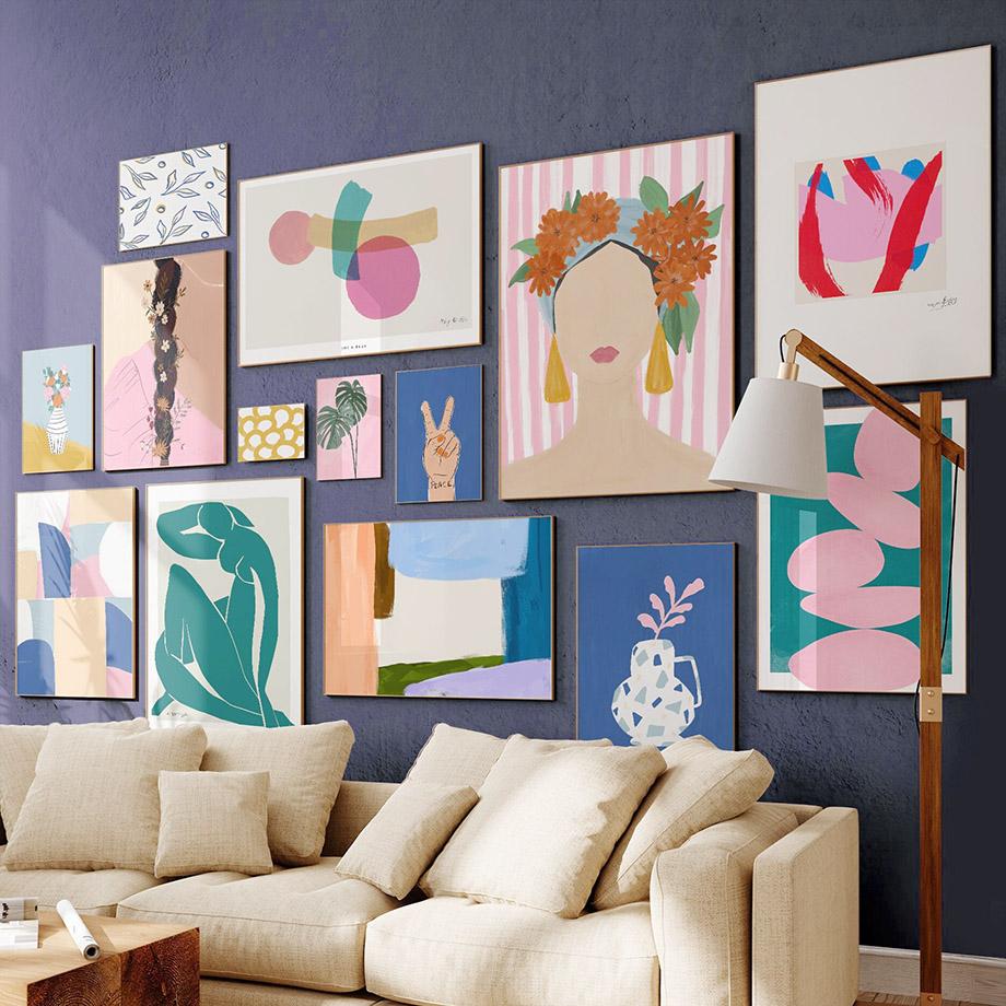 Abstrakte Mädchenvase Blumen Blätter Illustration Wandkunst Leinwandmalerei Nordisches Poster und Drucke Bilder für Wohnzimmerdekor