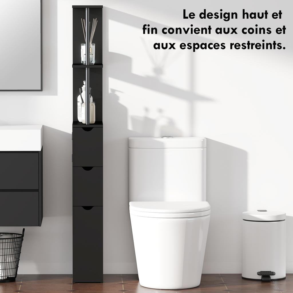 Bathroom Column Cabinet with Drawers and Open Shelves, 15 X 33 X 136.8 Cm, Black