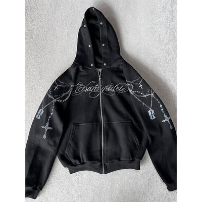 Winter Mode Streetwear Damen Gothic Kapuzenjacke Mit Kreuz Print Trendiges Edgy Reißverschluss Sweatshirt 2026 Neu