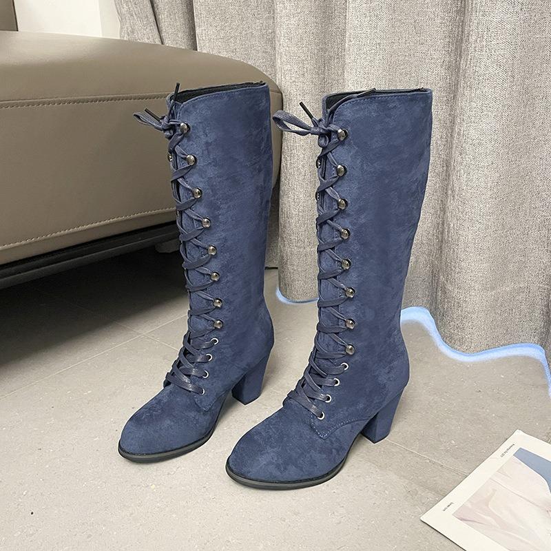 Dámské boty na středním podpatku široké šířky, kulatá špička, šněrovací kotníkové boty se zkříženým šněrováním, evropský styl, robustní podpatky pro ženy