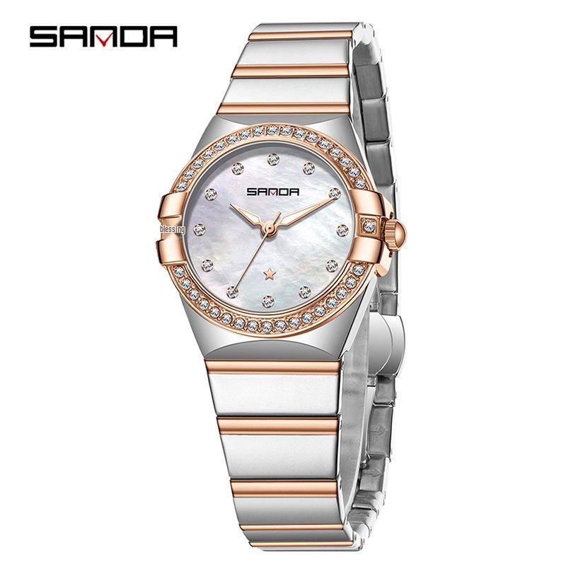 SANDA Dames Luminous Kwarts Horloge: Stalen Band, Bez Diamonds, Waterdicht, met Sunray Parelmoer Wijzerplaat.