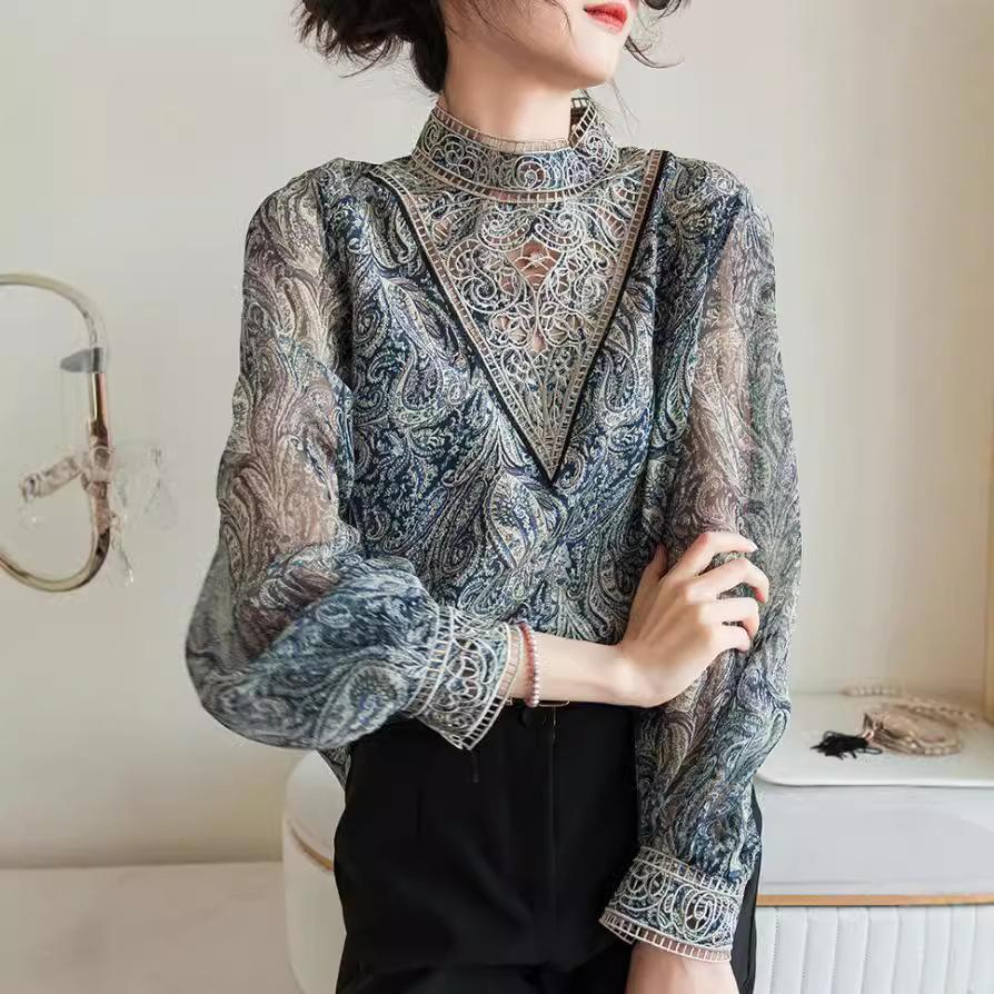Women Blouse Chiffon Shirt Women's Long-Sleeved Spring Printed Lace Shirt Top
