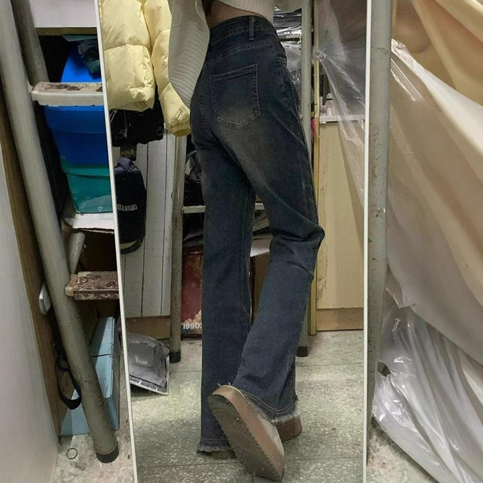 Comfortable Pear Shape Figure Raw Edge Slightly Flared High Waist Jeans Women's Big Yards Open Stretchy Thin Slightly Flared Trousers Long Denim Pants