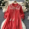 Elegant Retro Lace Up Summer Dress for Women A Line Ruffle Lantern Sleeve Loose Vacation Sweet O Neck Dresses