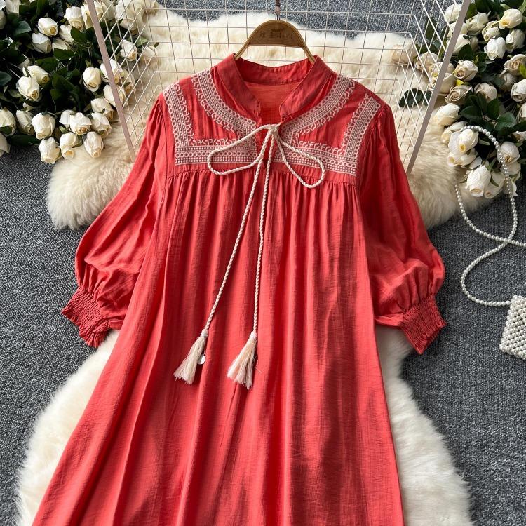 Elegant Retro Lace Up Summer Dress for Women A Line Ruffle Lantern Sleeve Loose Vacation Sweet O Neck Dresses