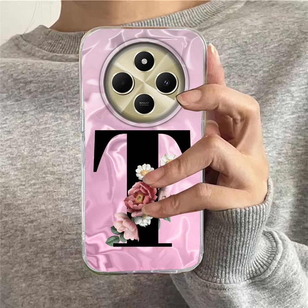 A-Z Schwarzer Buchstabe Pfingstrose Blume Stoßfestes Handyhülle Für Xiaomi Redmi Note 14 15 Pro+ Plus 15C 14C Silikon Paar Hülle Abdeckung