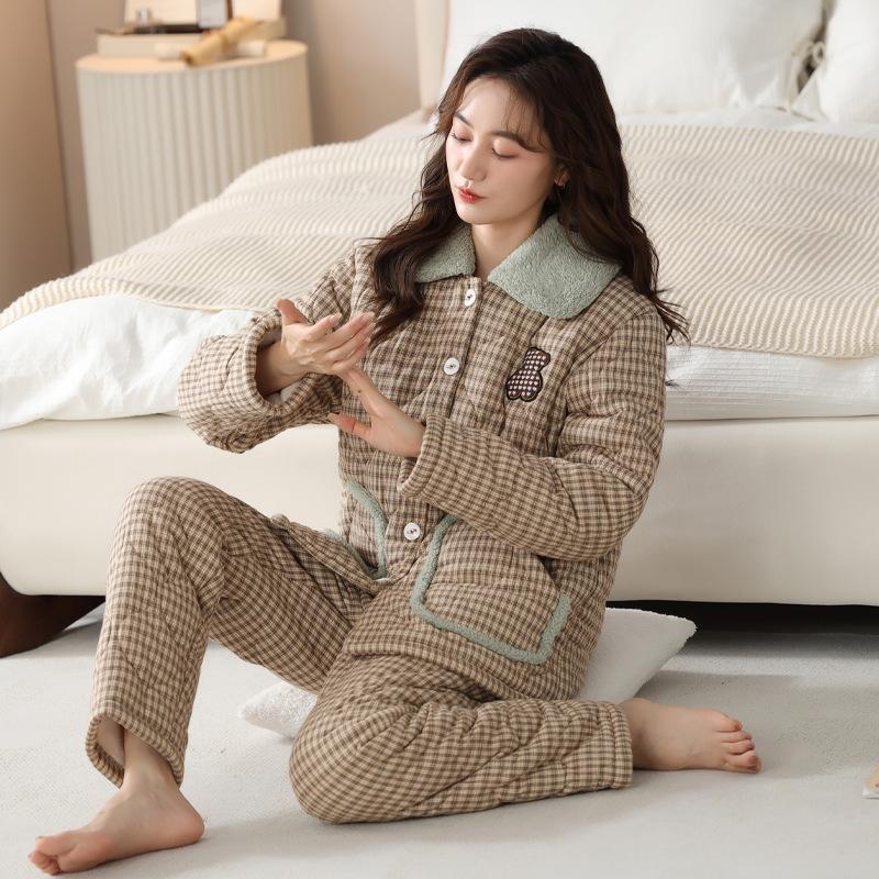 Pajamas Women'S Winter Three-Layer Thickened Fleece Woven Cotton Padded Autumn And Winter Coral Fleece Outer Wear Warm Loungewear