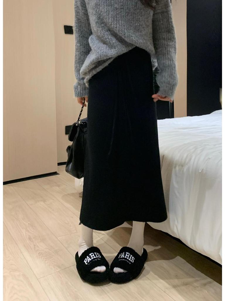 Women's High-Waist Fleece Knit Midi Skirt, Autumn/Winter 2025 Style: Thick, Loose, Drawstring, Straight Fit