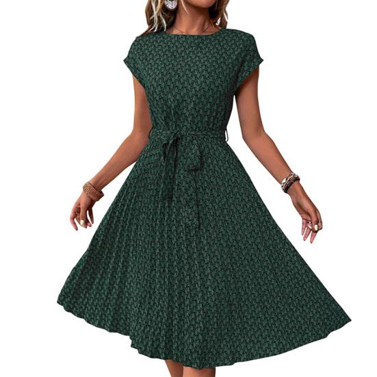 Women's Floral Printed Midi Dress Casual Crew Neck Short Sleeve Swing Dress with Belt Summer Beach Pleated Sundress
