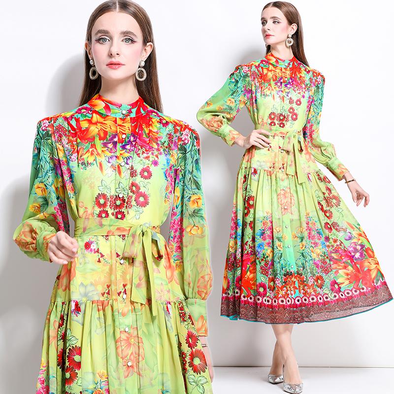 Summer Autumn Women Lantern Sleeve Vintage Print Chiffon Oversize Loose Long Maxi Holiday Beach Lace-up Dresses