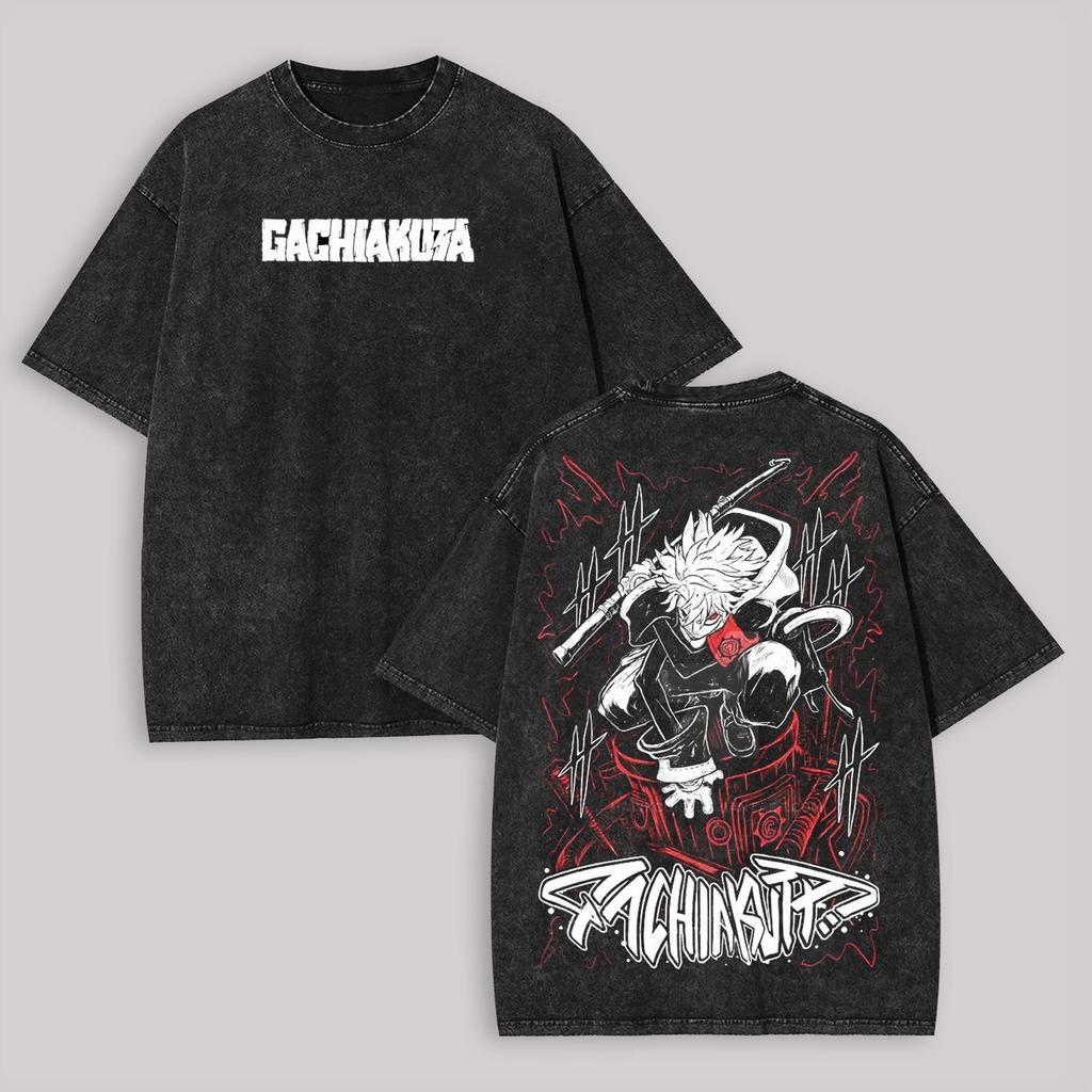 Fit GACHIAKUTA Printed T-shirt Washed and Made Old Heavy Cotton Short Sleeve for Men and Women