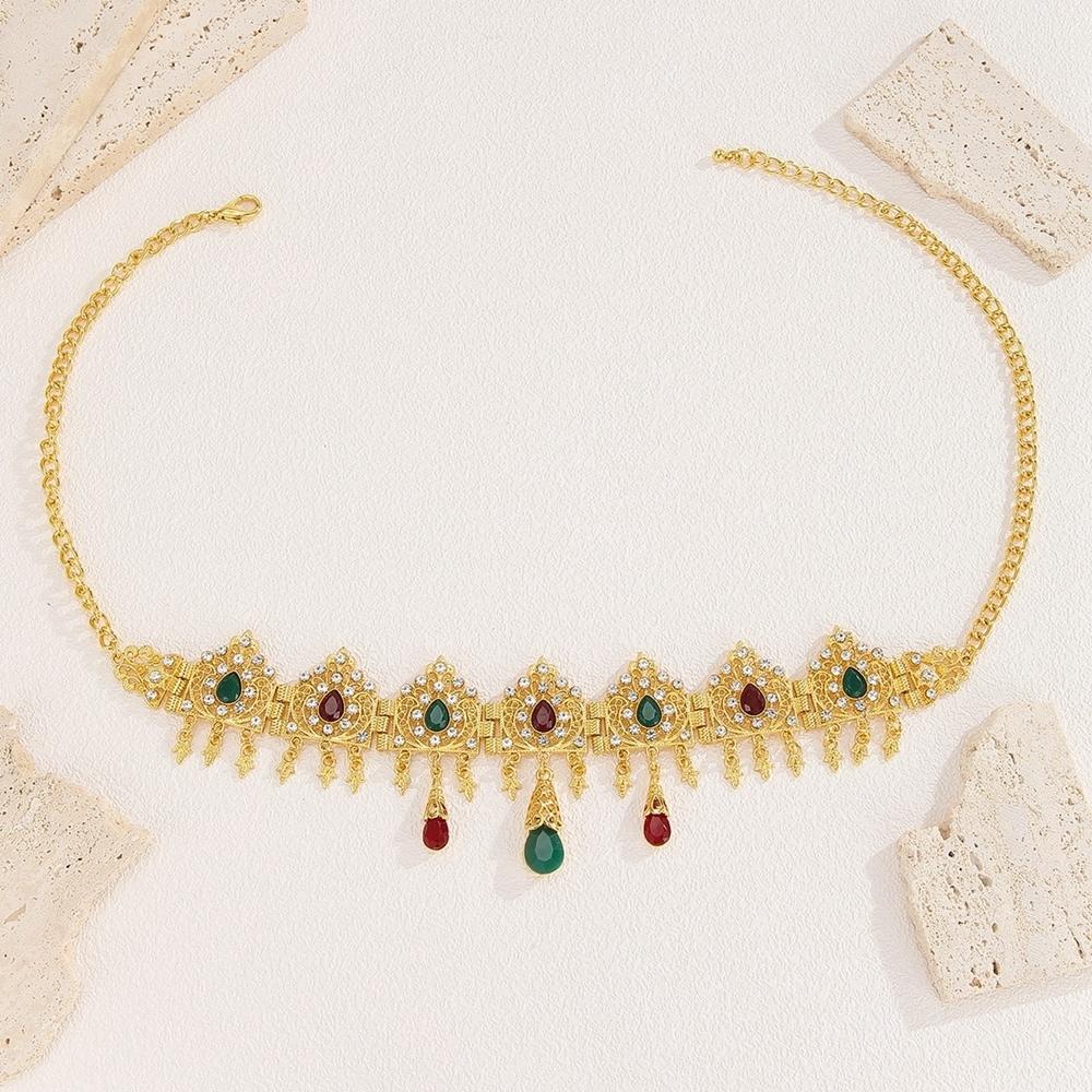 Arabische Braut Kopfschmuck Goldfarbene Legierung Hohl Geschnitzt Strass Kristall Wassertropfen Quaste Kopfkette