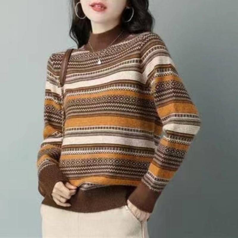 Herbst/Winter Strickpullover Locker Oberbekleidung Colorblocking Streifen Retro Basisshirt Halber Stehkragen Pullover für Damen