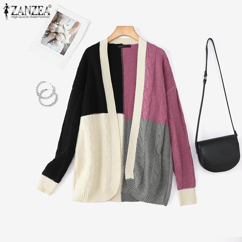 ZANZEA Осень Зима Женский Свитер с Длинным Рукавом Пэчворк Открытый Спереди Повседневный Свободный Трикотаж M