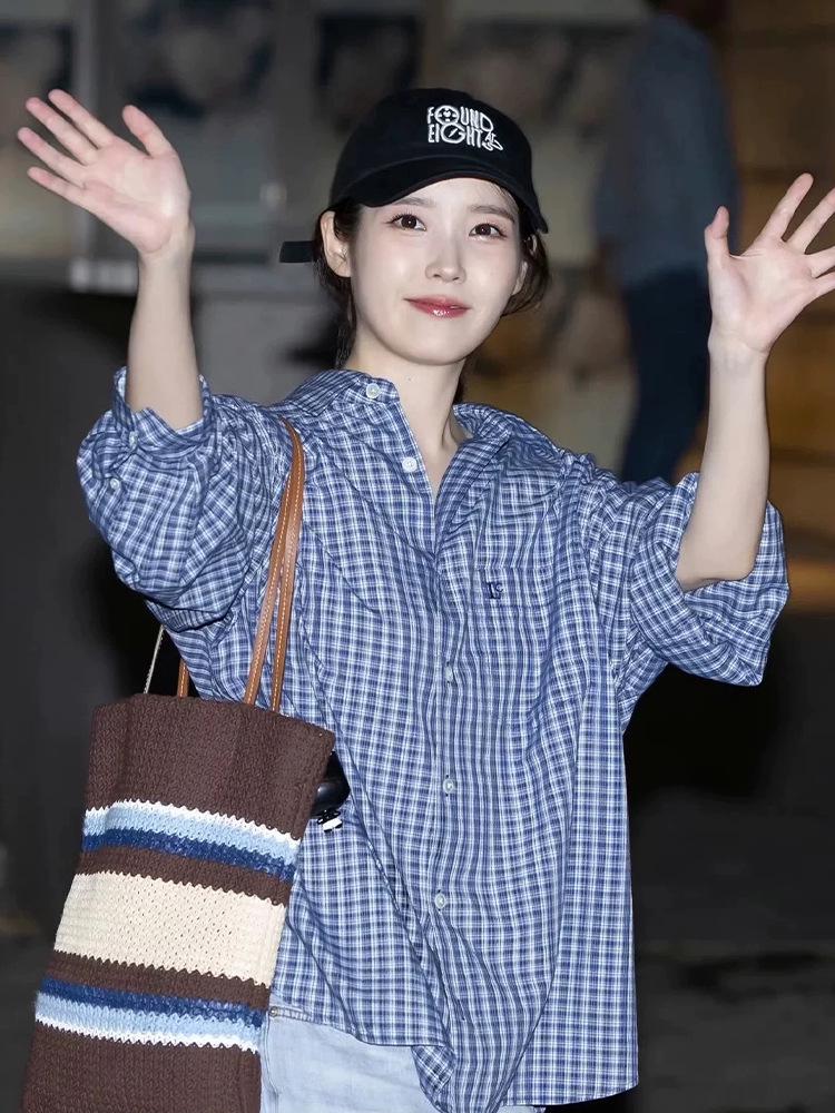 Han Ke IU Blue Plaid Drop Shoulder Loose Long Sleeve Shirt for Women - Spring Collection