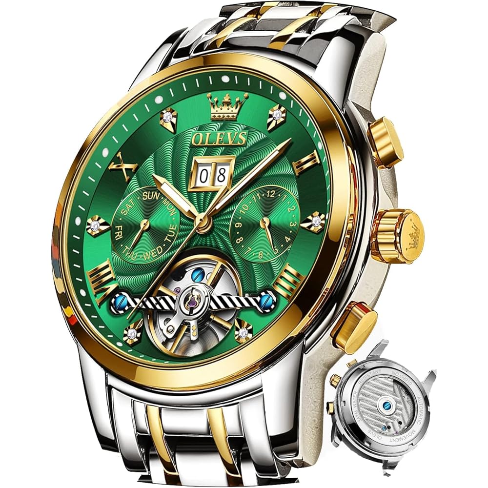 OLEVS Men s Automatic Mechanical Watch Green and Gold Waterproof Date Luminous Wristwatch