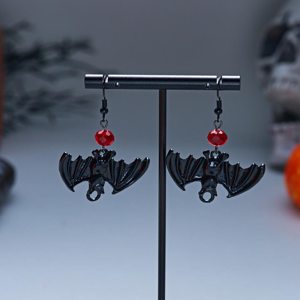 Gothic Punk Black Bat Dangle Earrings For Women Red Crystal Beads Dark Style Bat Drop  Earring Halloween Party Horror Jewelry