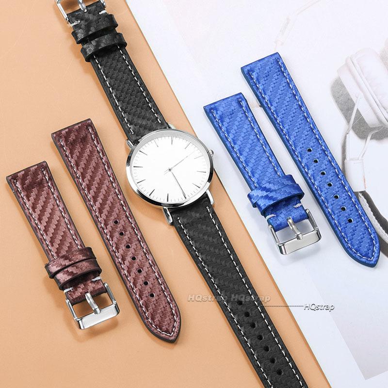 Leather Bracelet Carbonfiber Grain Watchband 18mm 20mm Red Orange Blue Brown Stitching Watch Band 22 24mm Watch Strap for Seiko