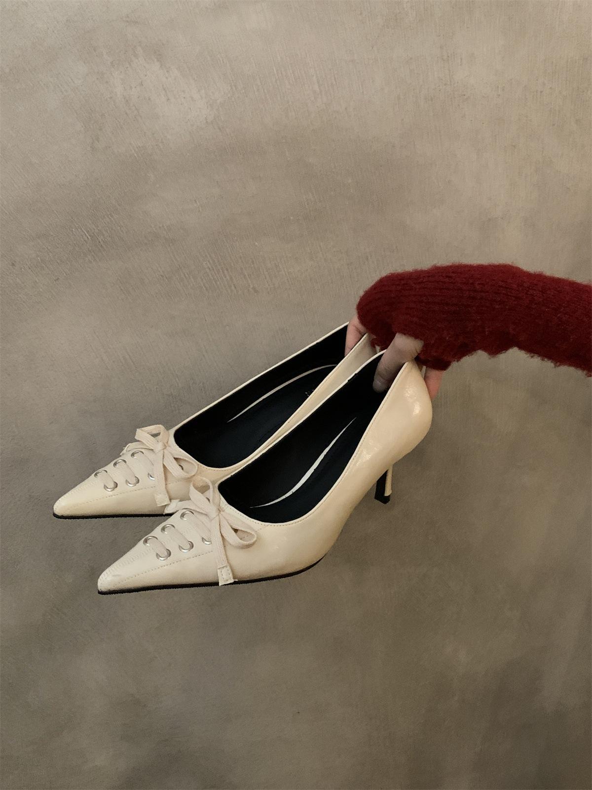 

Spice girl style strap bow design pointed high heels 2025 spring new thin heel shallow mouth sexy single shoes women s shoes 42