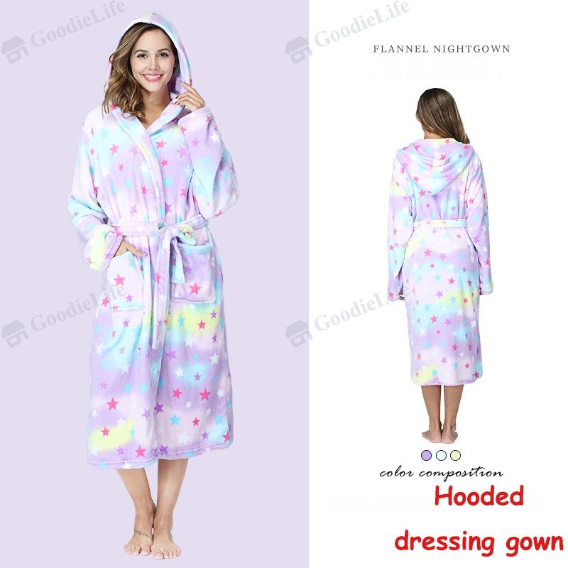 Thick Flannel Bathrobe for Women Winter Warm Fleece Robe Long Hooded Sleepwear Cozy Loungewear