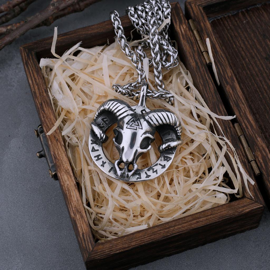Stainless Steel Viking Rune Imitation Goat Head Necklace Men's Amulet Pendant Biker Gothic Party Club Jewelry Gift for Boyfriend
