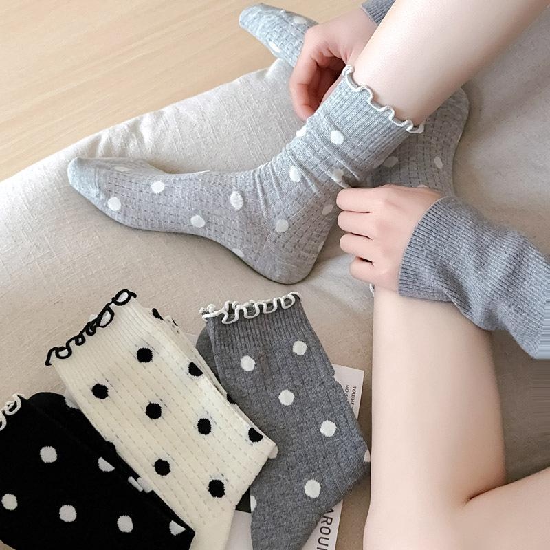 Female Spring and Summer Thin New Wave Dot All Kinds of Wooden Ear Side Mesh Cotton Tube Pile Socks