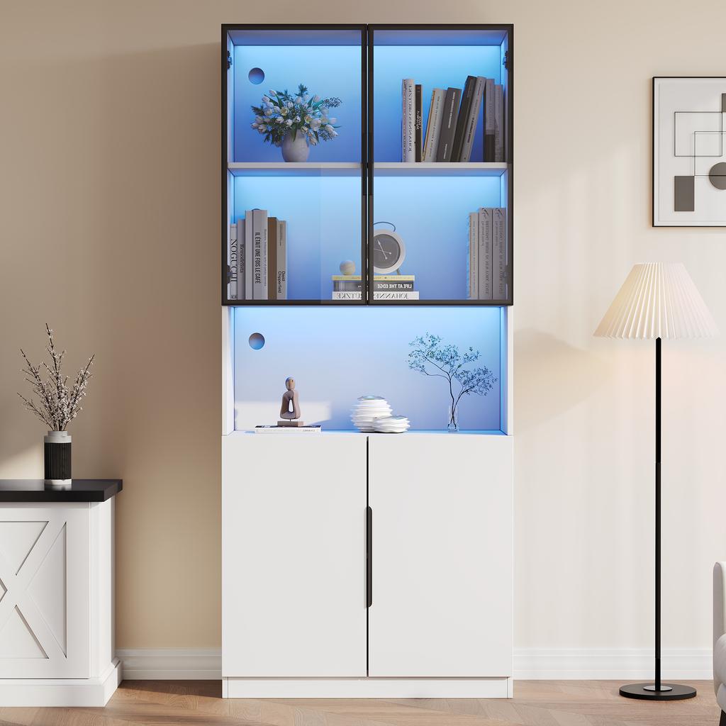 Vetrina minimalista con ante in vetro, luci LED, libreria per oggetti da collezione, temperatura colore e luminosità regolabili, bianco 80*30*200cm