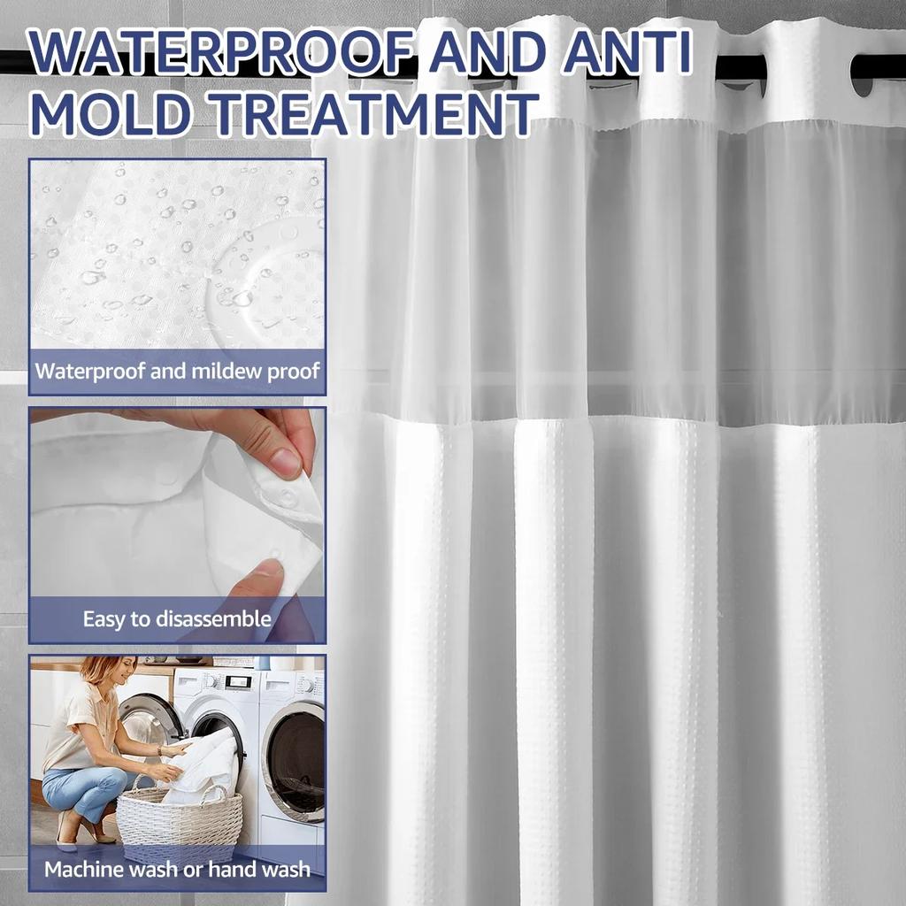 Hook Free Shower Curtain Waterproof Bathroom Curtains with Snap-in Liner Washable Bath Curtains Decorative White Shower Curtain