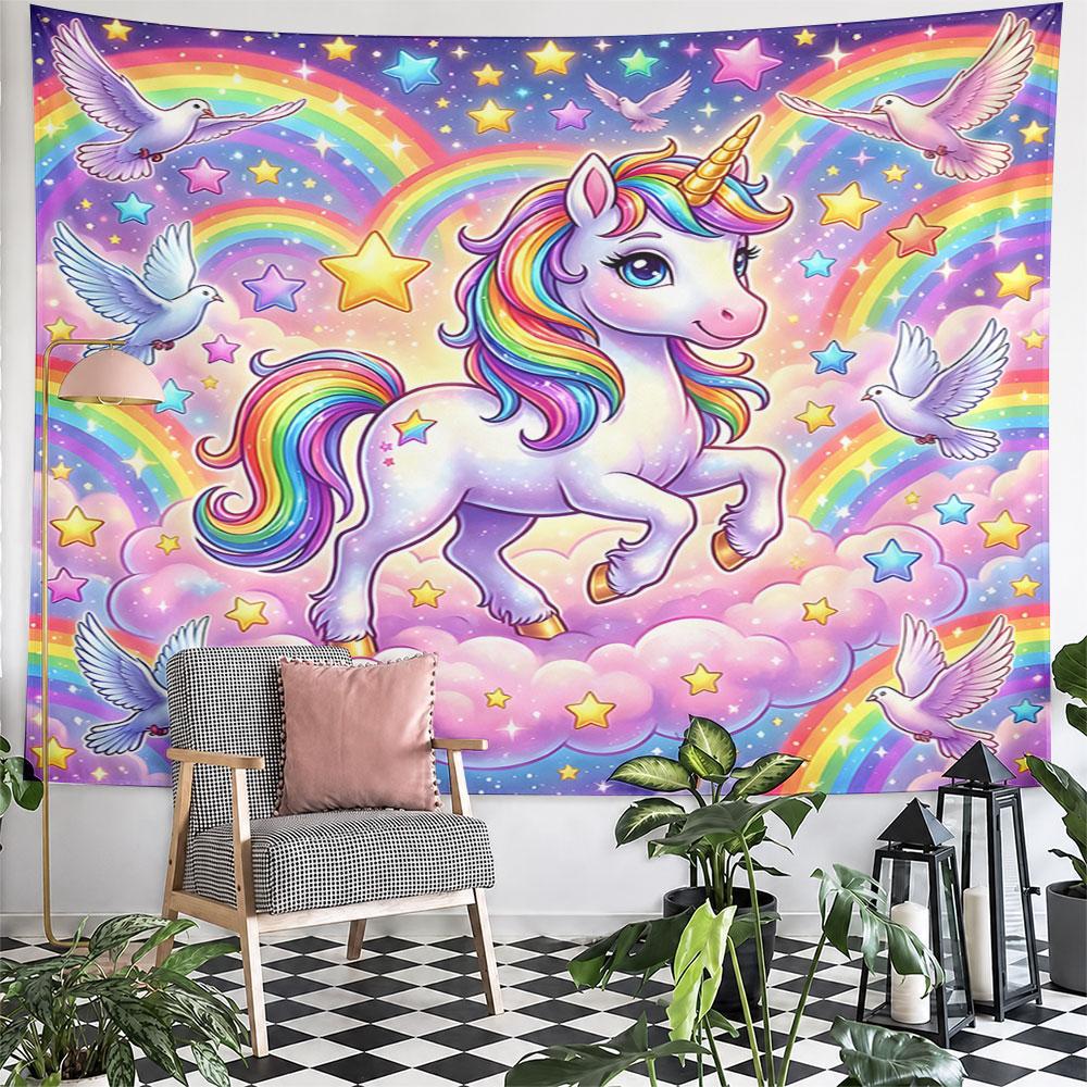 Rainbow Unicorn with Stars and Doves Pattern Wall Hanging Tapestry Decorative Tapestry Home Decor for Bedroom and Living Room