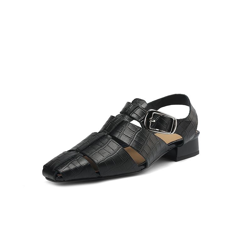 

Модные женские сандалии из коровьей кожи с квадратным носком, вырезами, ремешком на щиколотке и низким каблуком. Высококачественные, мягкие, удобные, элегантные женские туфли для повседневной носки. 40 чёрный