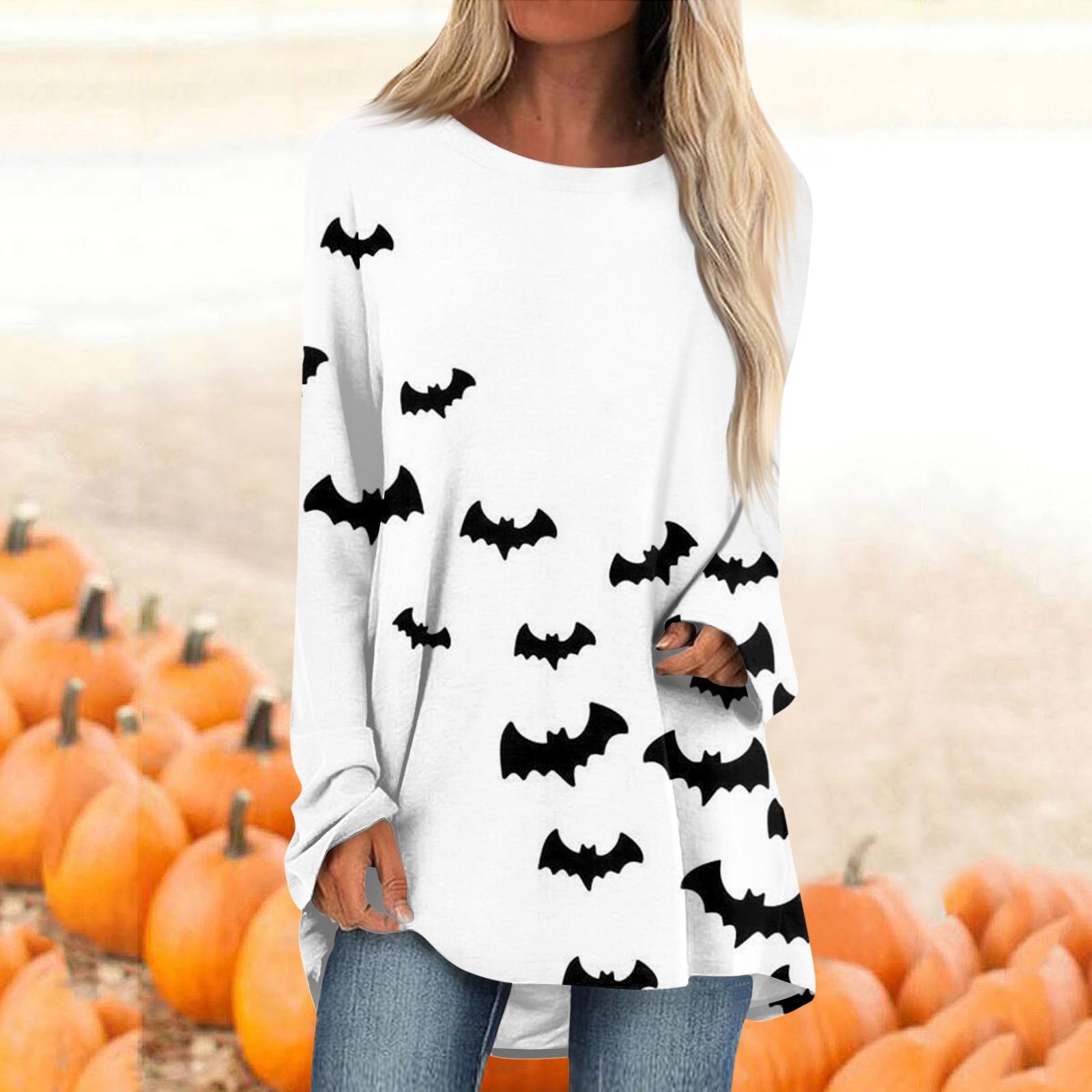 

Женская модная повседневная футболка с градиентом Хэллоуина и принтом, длинный рукав, круглый вырез, средний длинный топ M белый