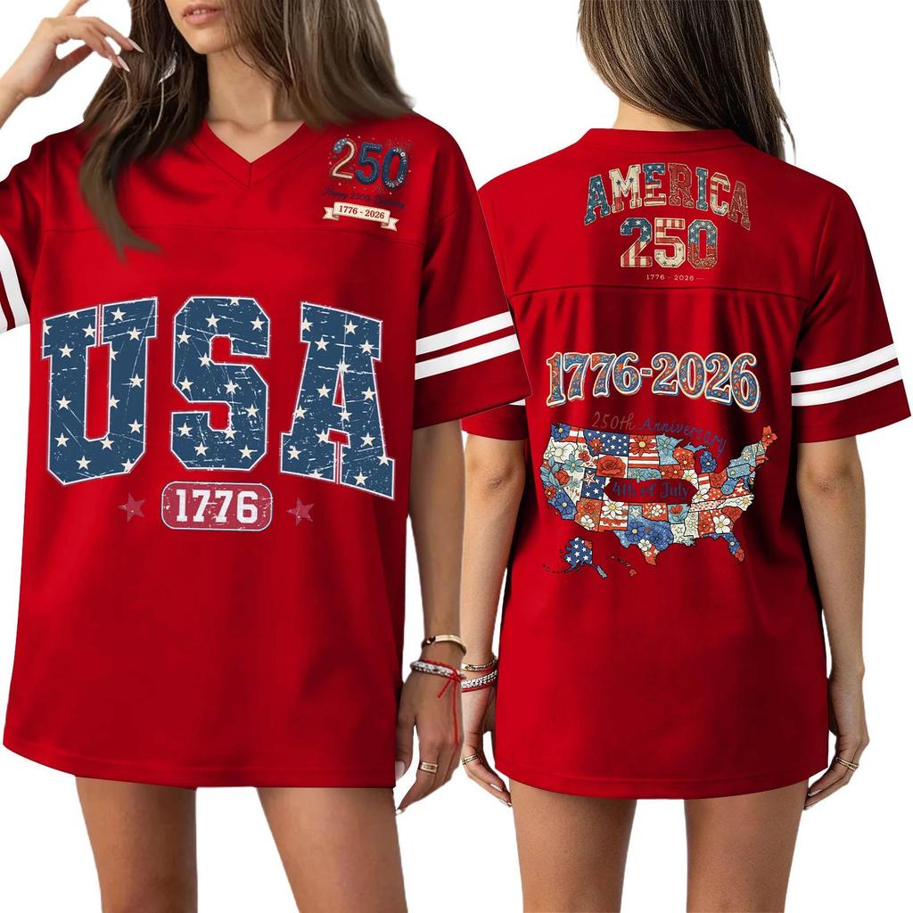 Damska Codzienna Modna Koszulka Sportowa z Dekoltem V z Nadrukiem na Dzień Niepodległości Krótkim Rękawem Top