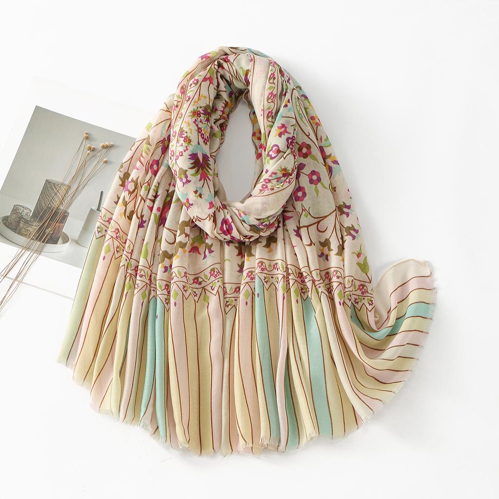 Fashion Floral Printed Scarf Fringe Shawl Woman Muslim Hijabs Cotton Viscose Headband Summer Beach Stoles Islam Turban