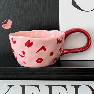 Tazza in Ceramica Stile Coreano 300ml Ceramica Irregolare Pizzicata a Mano Lettera Rossa Tazza da Caffè Tazza da Tè Tazza da Colazione per Avena Regalo di Compleanno