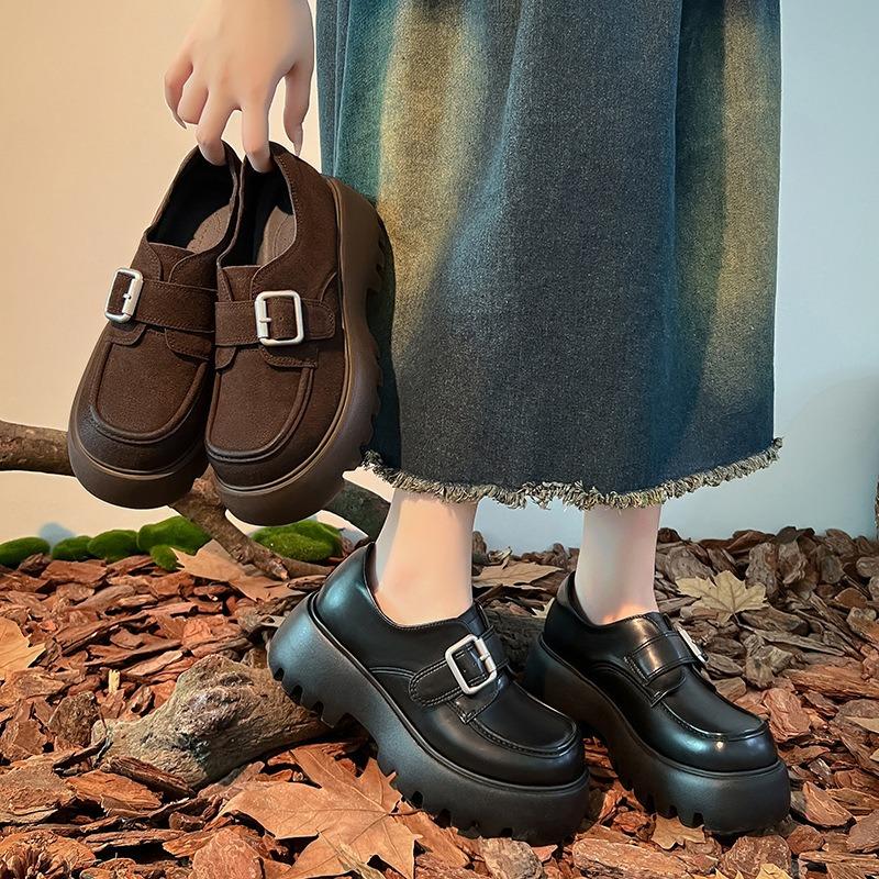 Studiolee Round Head Metal Word Strap Heightened Thick Heel Thick Sole Small Leather Shoes Women's Spring and Autumn