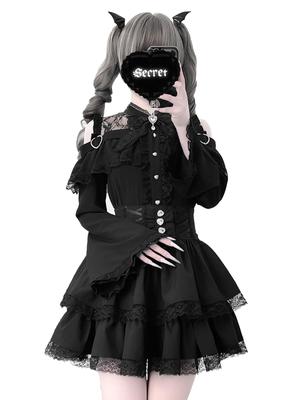 Lolita Dress with Princess Gothic Lolita Stylish Long Size L [MODKOKU] Women's Open-Shoulder Sleeves, Mass-Produced Lace, Style, Ruffles, Lace-Up