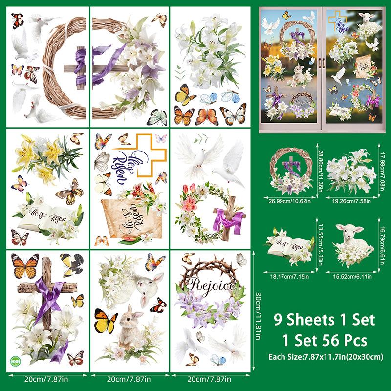9 Sheets Cute Rabbits Easter Window Stickers PVC Electrostatic Bunny Home Decor Glass Decals Reusable Easter Party Decorations