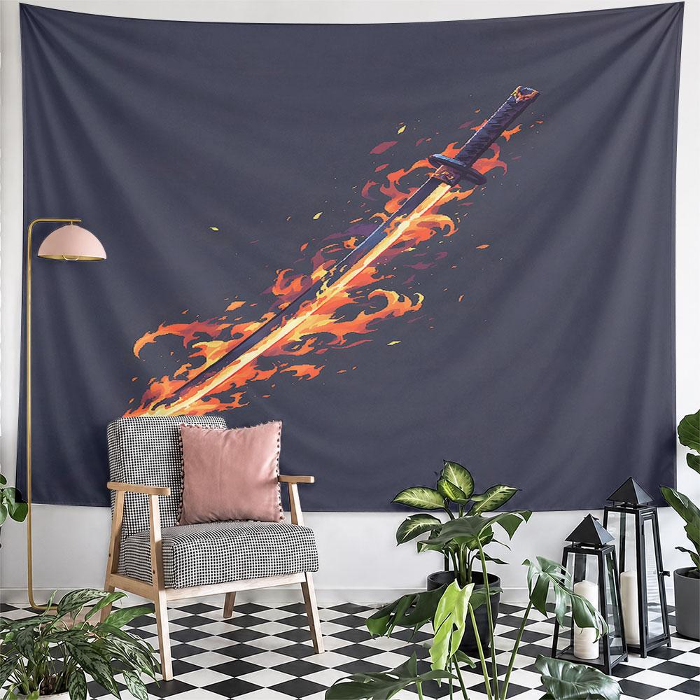 Fiery Katana On Dark Background Pattern Wall Hanging Tapestry Decorative Tapestry Home Decor for Bedroom and Living Room