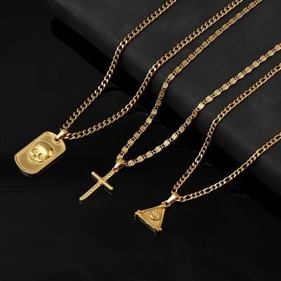 3-teilige verstellbare Edelstahl-Kreuz-Anhänger-Halskette für Herren - Geometrische minimalistische Kette mit Vergoldung, Unisex Alltags-Schmuck