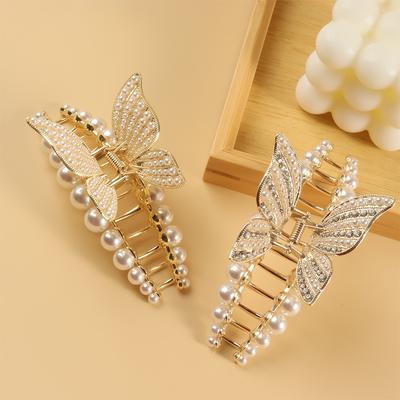 1pc Elegant Temperament Pearl Butterfly Hair Clip,high-quality Large Pan Hair Grip Shark Clip Inlaid with Diamond  Hair Ornament